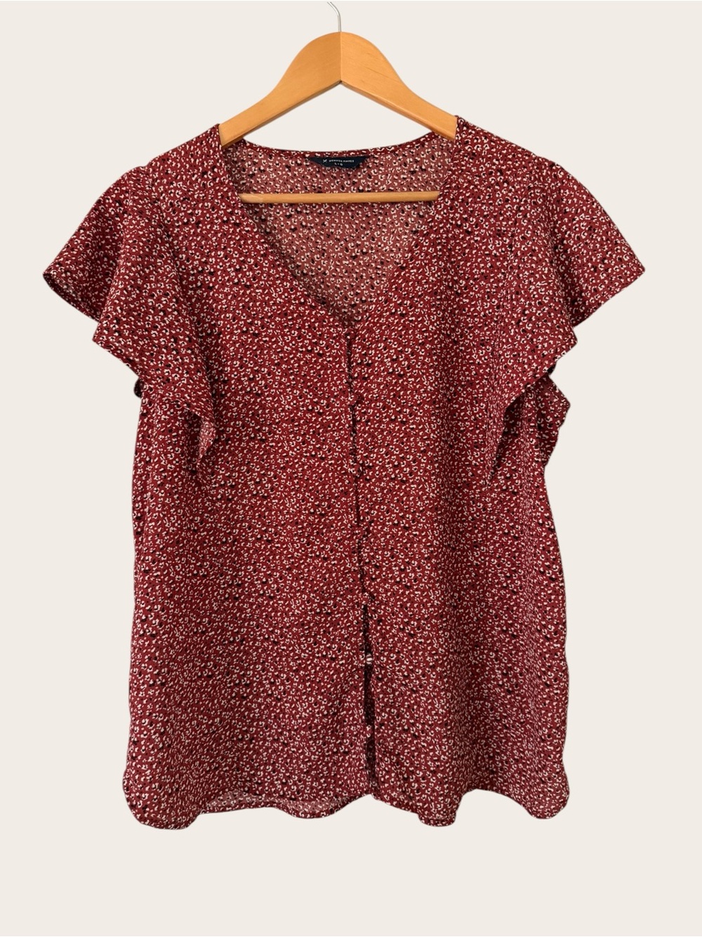 Denver Hayes Burgundy Floral Button-Front Ruffle Sleeve Blouse